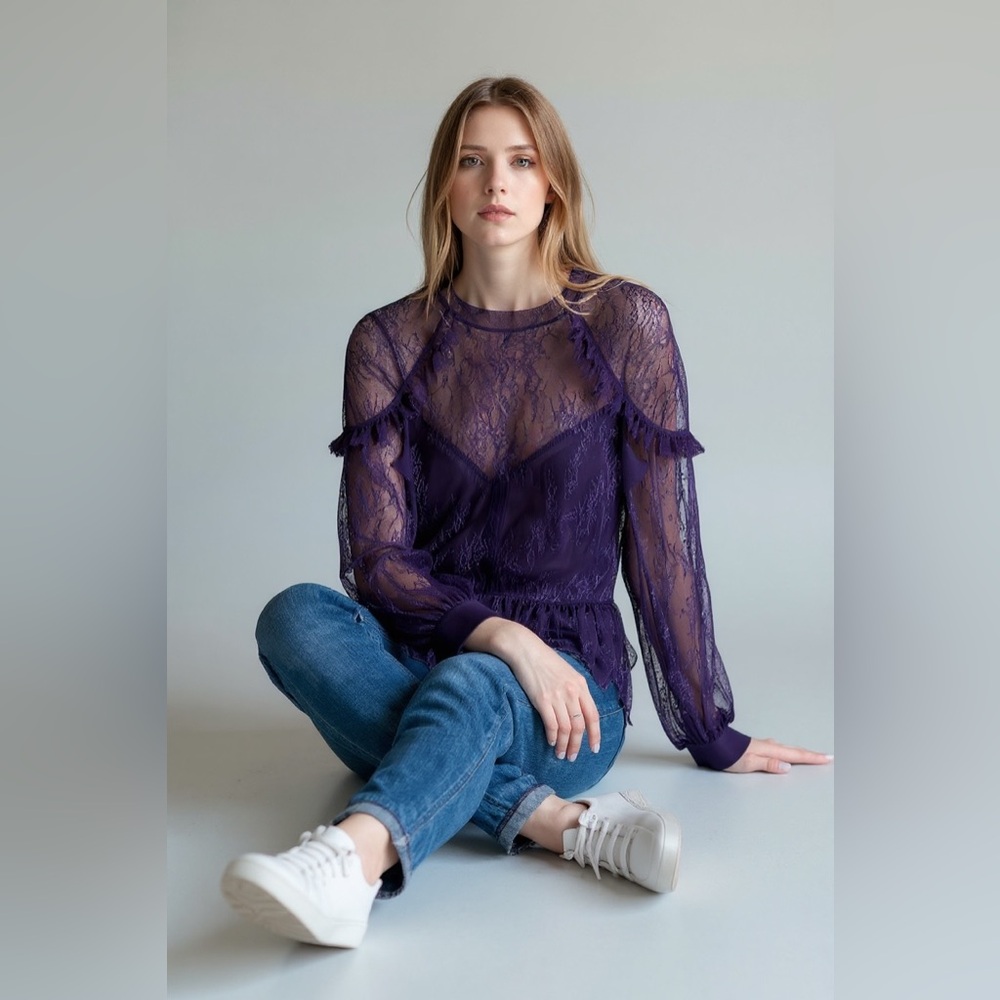 Bardot Purple Sheer Lace Peplum Blouse – Size M / US 8 - Picture 7 of 14